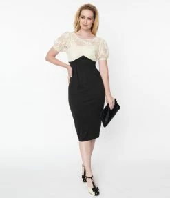 Unique Vintage Ivory Lace & Black Wiggle Dress New Arrivals!