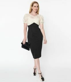 Unique Vintage Ivory Lace & Black Wiggle Dress New Arrivals!