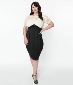 Unique Vintage Plus Size Ivory Lace & Black Wiggle Dress