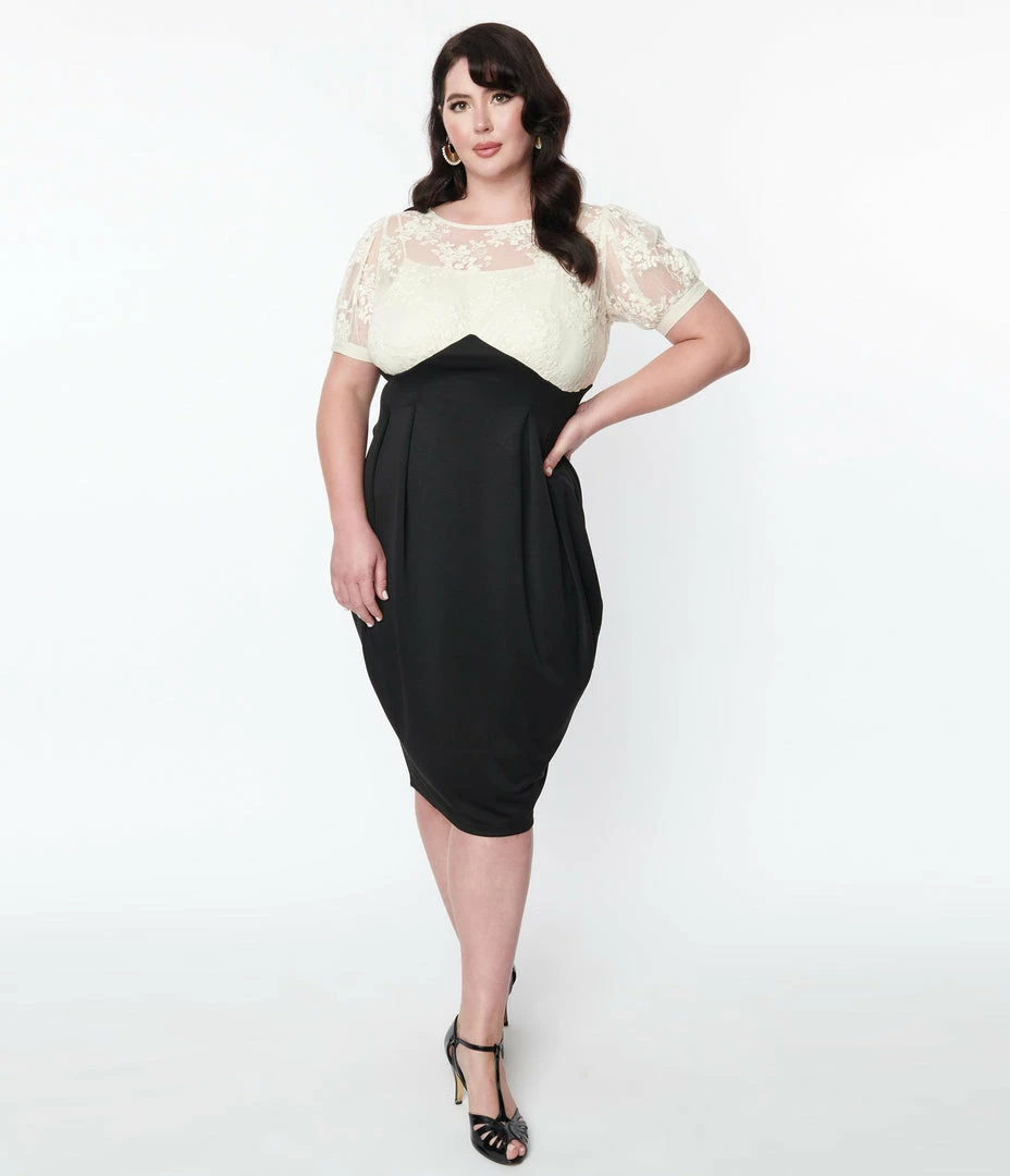 Unique Vintage Plus Size Ivory Lace & Black Wiggle Dress