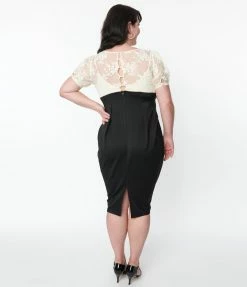 Unique Vintage Plus Size Ivory Lace & Black Wiggle Dress