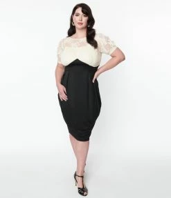 Unique Vintage Plus Size Ivory Lace & Black Wiggle Dress