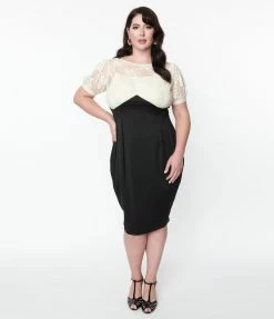 Unique Vintage Plus Size Ivory Lace & Black Wiggle Dress