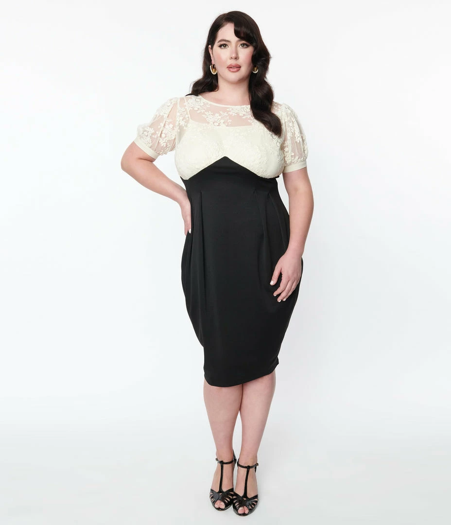 Unique Vintage Plus Size Ivory Lace & Black Wiggle Dress