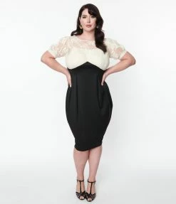 Unique Vintage Plus Size Ivory Lace & Black Wiggle Dress