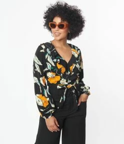 Unique Vintage Black & Orange Floral Ruffled & Ready Crop Top Sale