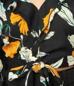 Unique Vintage Black & Orange Floral Ruffled & Ready Crop Top Sale