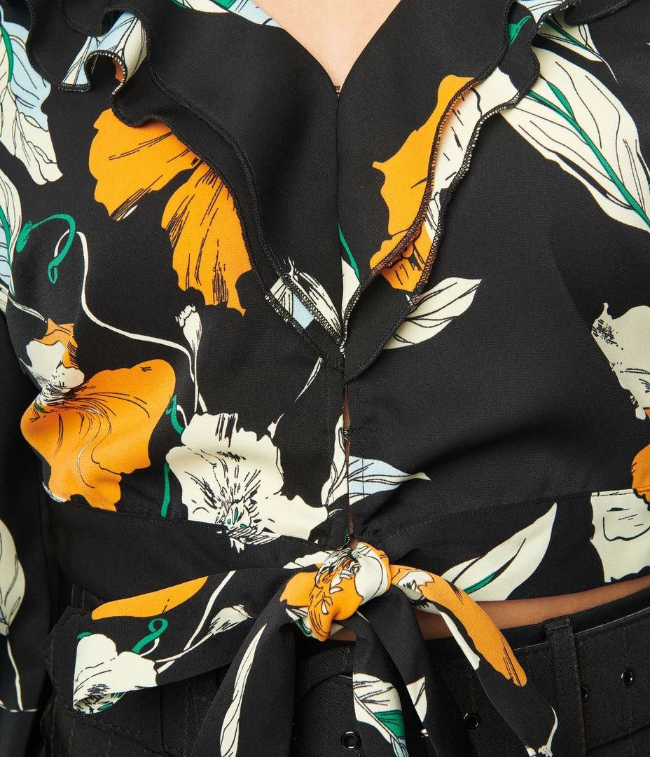 Unique Vintage Black & Orange Floral Ruffled & Ready Crop Top Sale