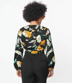 Unique Vintage Black & Orange Floral Ruffled & Ready Crop Top Sale