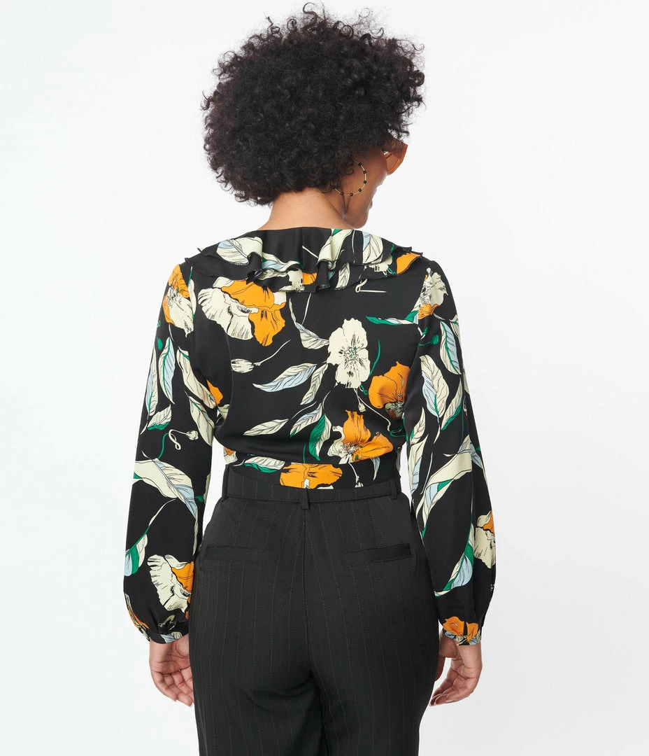 Unique Vintage Black & Orange Floral Ruffled & Ready Crop Top Sale