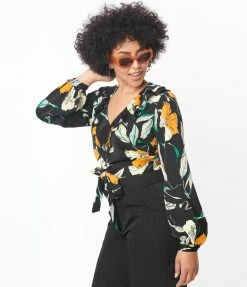 Unique Vintage Black & Orange Floral Ruffled & Ready Crop Top Sale