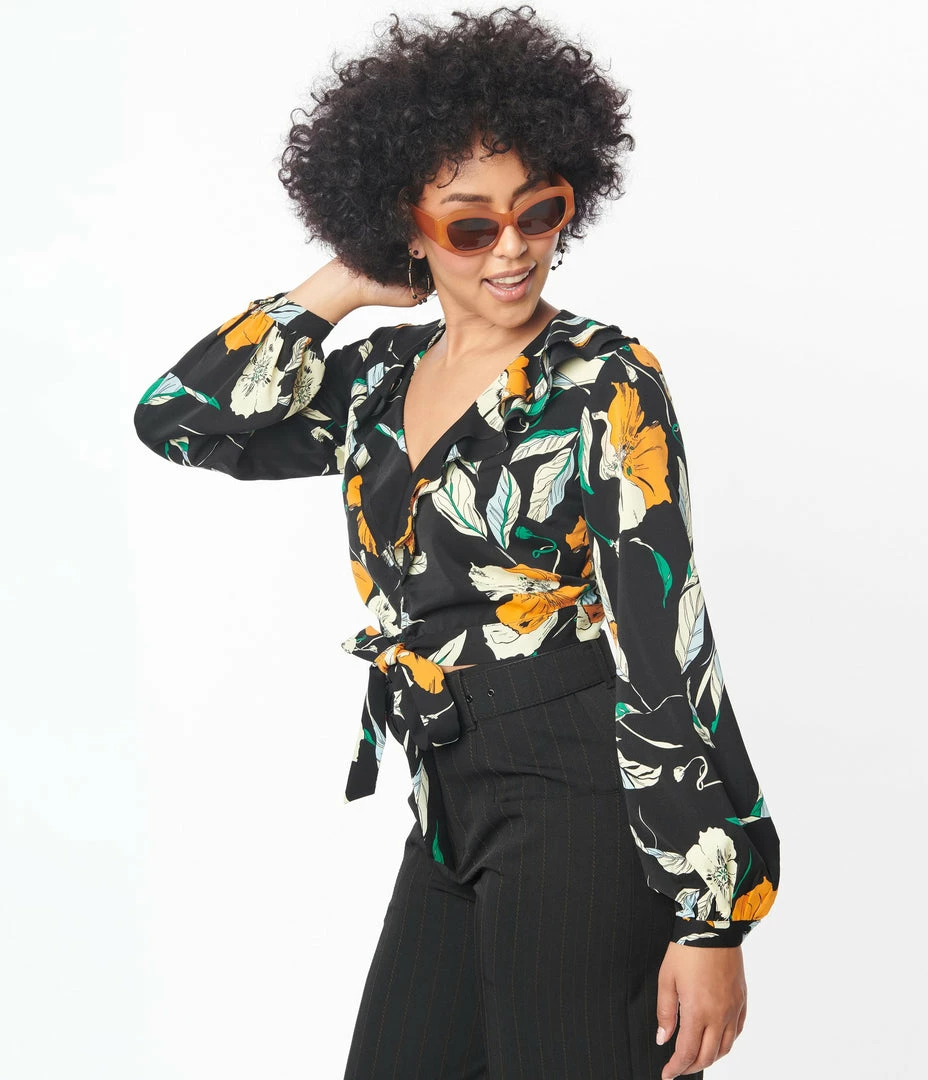 Unique Vintage Black & Orange Floral Ruffled & Ready Crop Top Sale