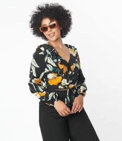 Unique Vintage Black & Orange Floral Ruffled & Ready Crop Top Sale