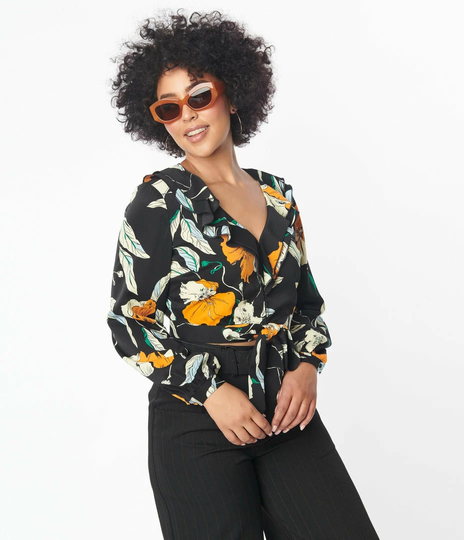 Unique Vintage Black & Orange Floral Ruffled & Ready Crop Top Sale