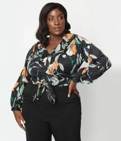 Unique Vintage Plus Size Black & Orange Floral Ruffled & Ready Crop Top