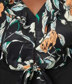 Unique Vintage Plus Size Black & Orange Floral Ruffled & Ready Crop Top