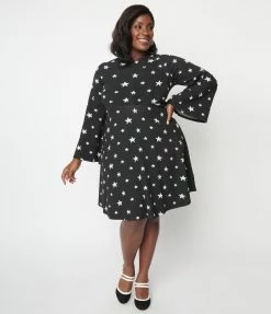 Trending Unique Vintage Plus Size Black & White Star Print Flare Dress