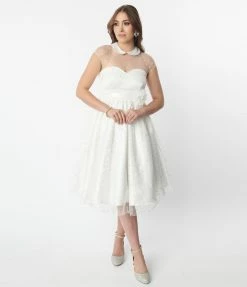 Unique Vintage White & Iridescent Heart Bridal Swing Dress Clothing