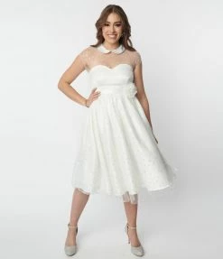 Unique Vintage White & Iridescent Heart Bridal Swing Dress Clothing