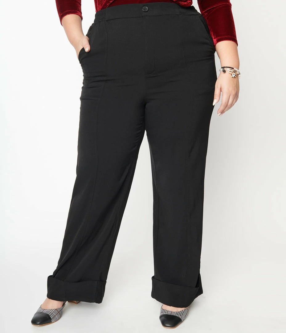 Unique Vintage Plus Size Black Wide Cuff Pants