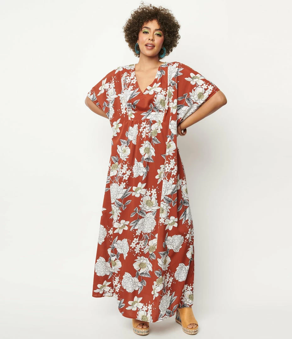 Swimwear Unique Vintage Rust & White Floral Burton Caftan Dress