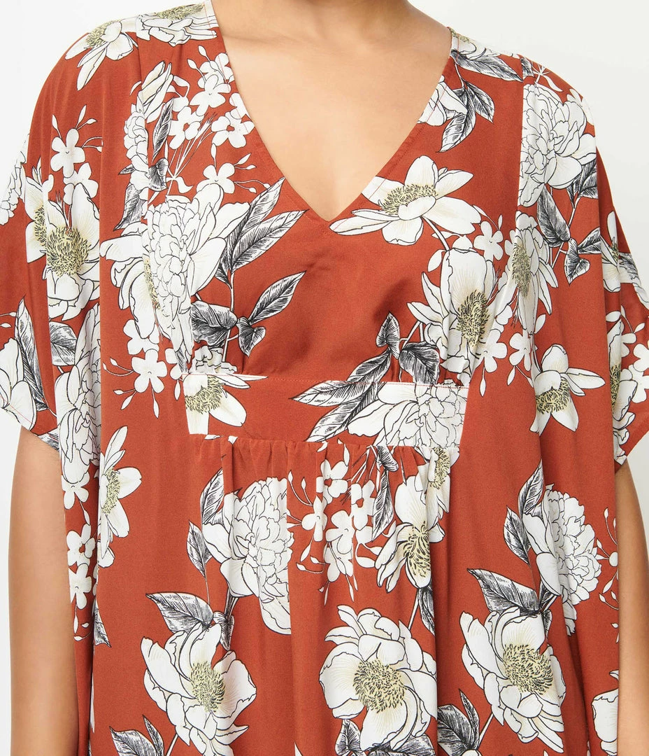 Swimwear Unique Vintage Rust & White Floral Burton Caftan Dress