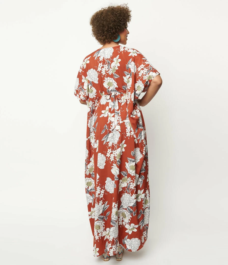 Swimwear Unique Vintage Rust & White Floral Burton Caftan Dress