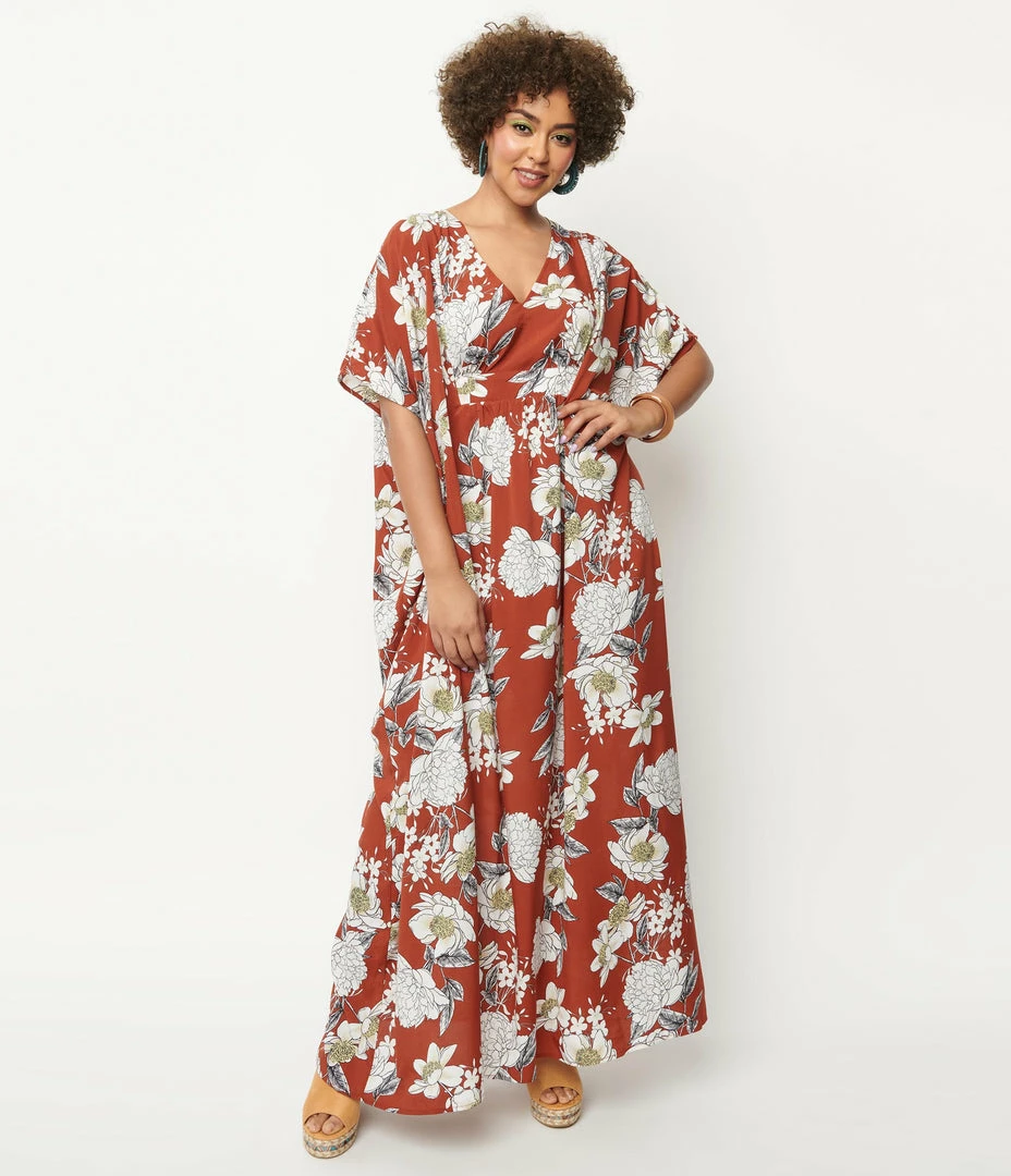 Swimwear Unique Vintage Rust & White Floral Burton Caftan Dress