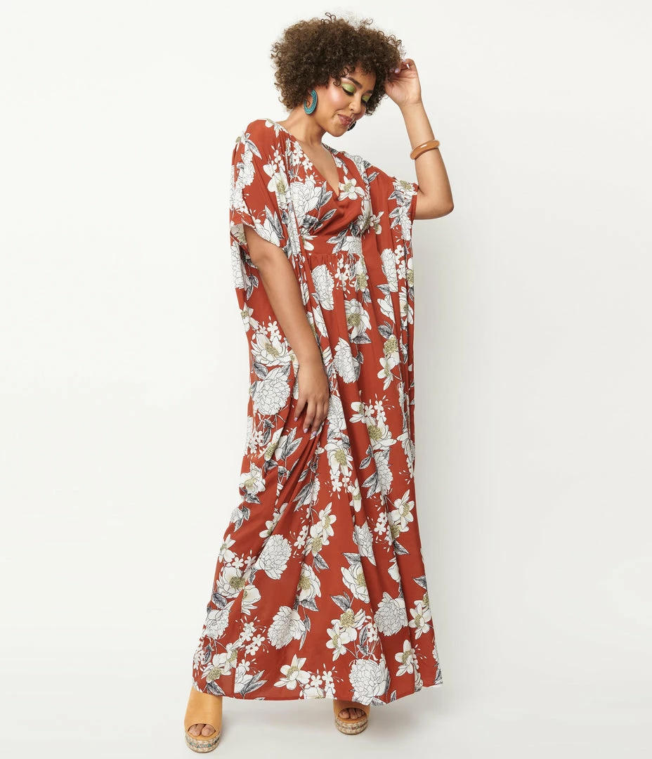 Swimwear Unique Vintage Rust & White Floral Burton Caftan Dress