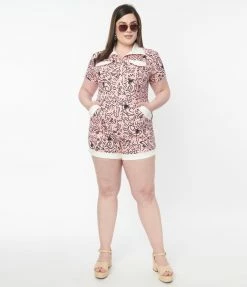 Jaws X Unique Vintage Plus Size Pink & Black Doodle Print Mia Romper