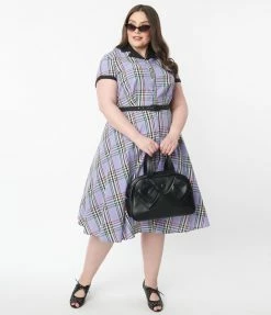 Unique Vintage Plus Size 1950s Lavender Plaid Alexis Swing Dress