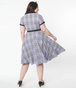 Unique Vintage Plus Size 1950s Lavender Plaid Alexis Swing Dress