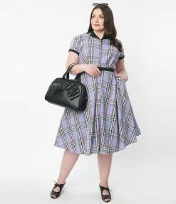 Unique Vintage Plus Size 1950s Lavender Plaid Alexis Swing Dress