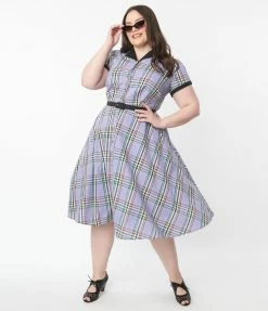 Unique Vintage Plus Size 1950s Lavender Plaid Alexis Swing Dress