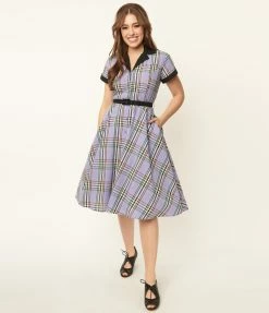 Unique Vintage 1950s Lavender Plaid Alexis Swing Dress Sale