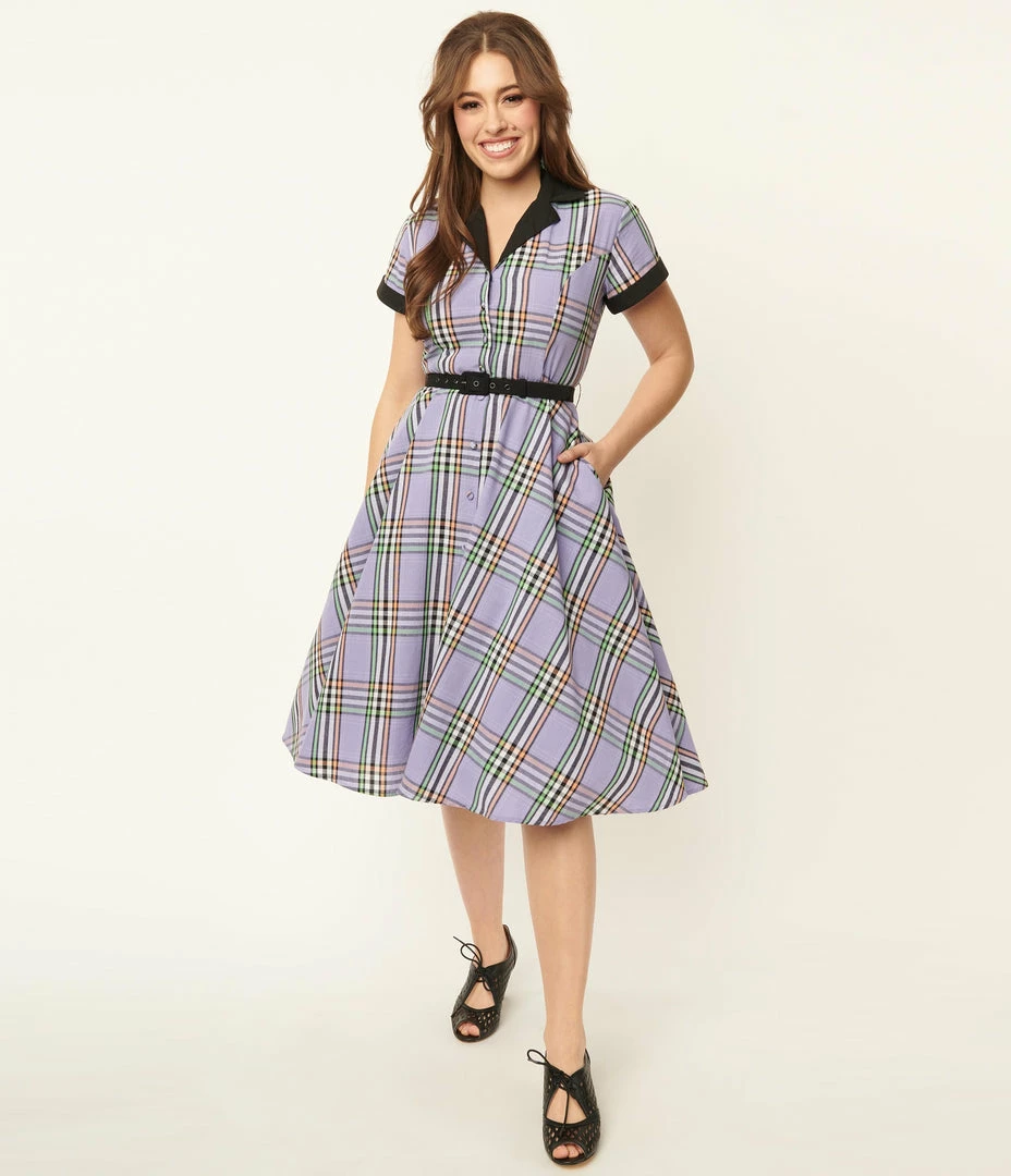 Unique Vintage 1950s Lavender Plaid Alexis Swing Dress Sale