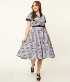 Unique Vintage 1950s Lavender Plaid Alexis Swing Dress Sale