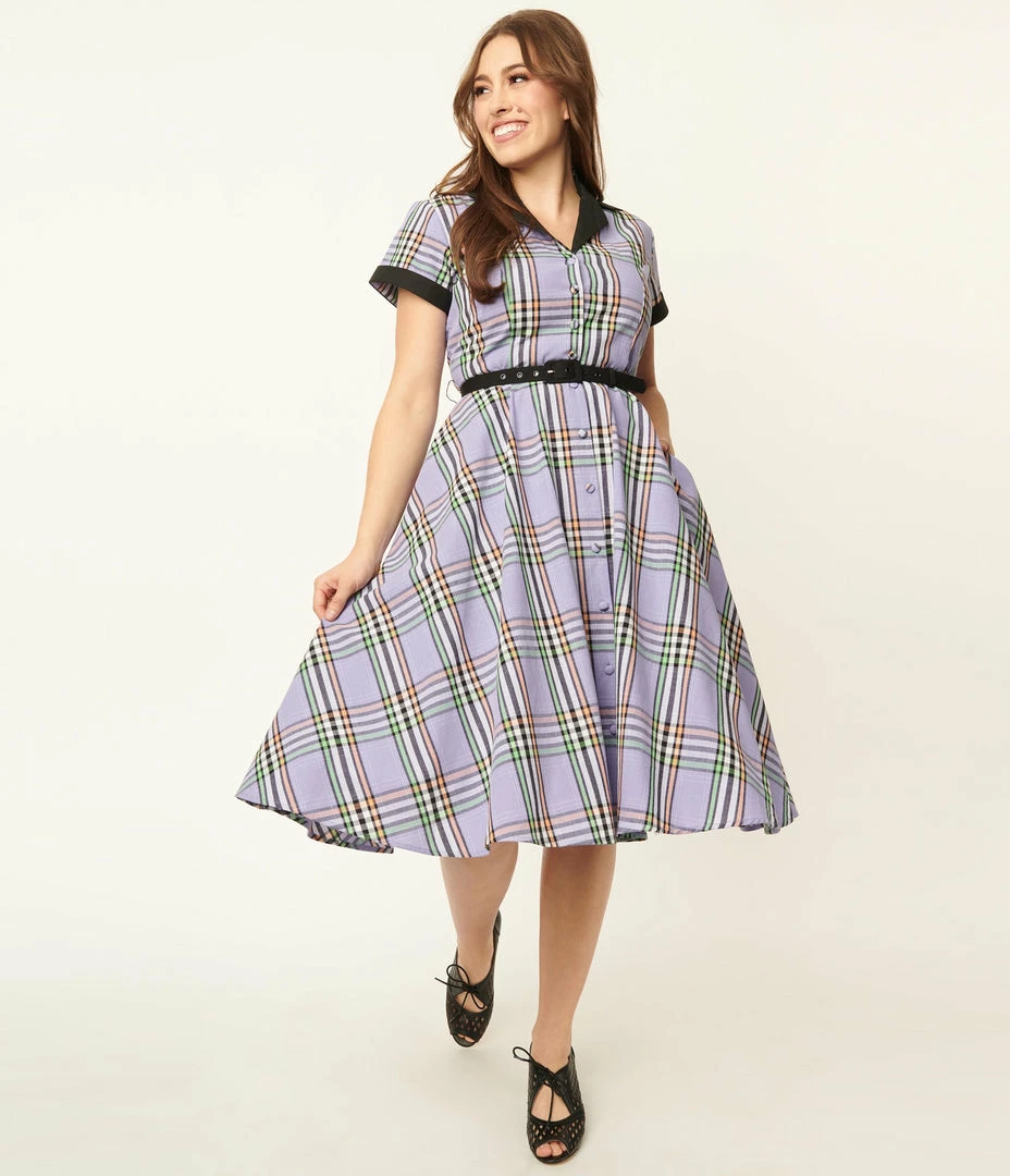 Unique Vintage 1950s Lavender Plaid Alexis Swing Dress Sale
