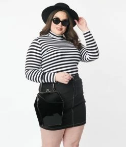 Trending Unique Vintage Plus Size Black & White Stripe Turtleneck Cherie Top