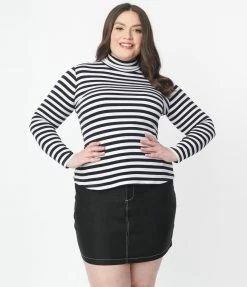 Trending Unique Vintage Plus Size Black & White Stripe Turtleneck Cherie Top