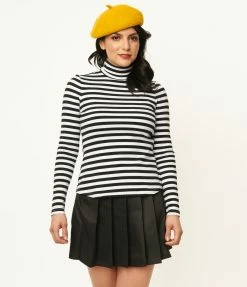Trending Unique Vintage Black & White Stripe Turtleneck Cherie Top