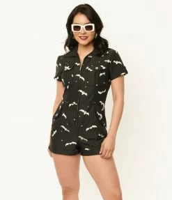 Sale Unique Vintage Black & Glow In The Dark Bat Print Mia Romper