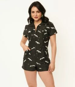 Sale Unique Vintage Black & Glow In The Dark Bat Print Mia Romper