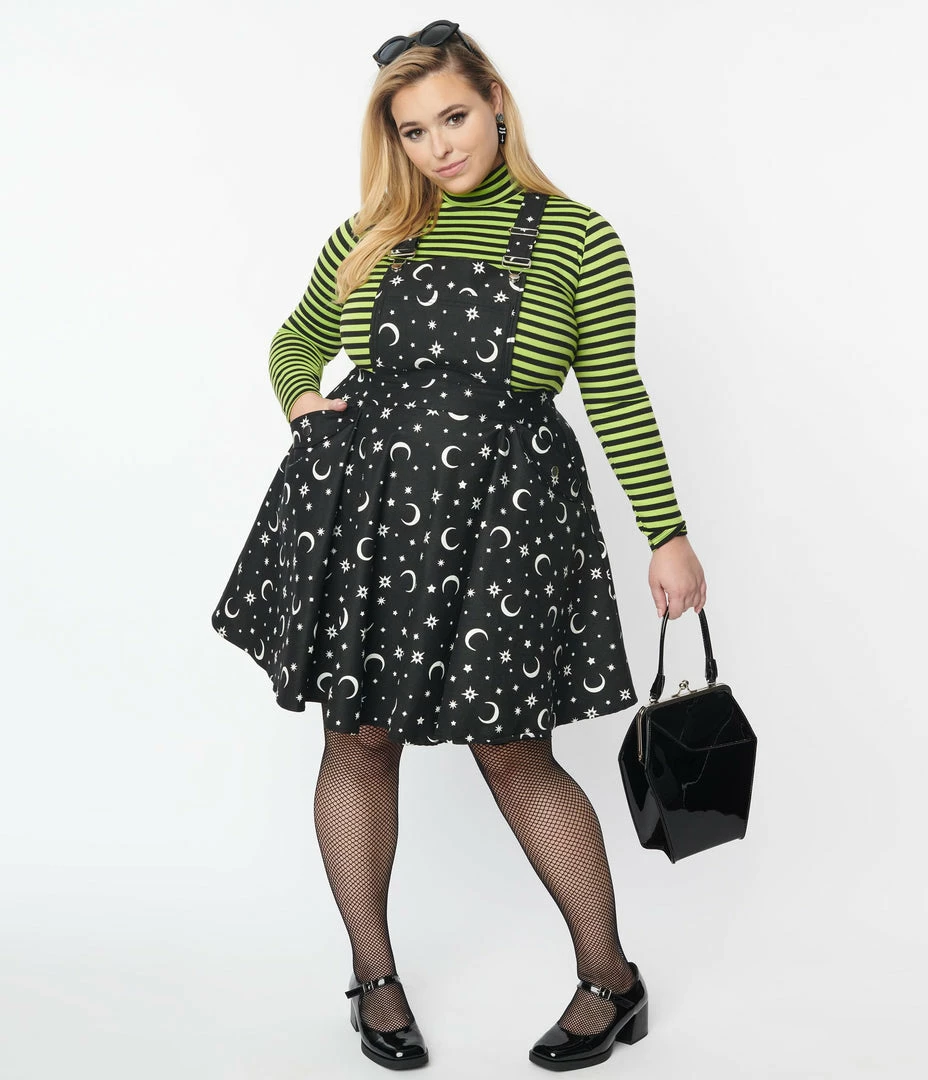 Unique Vintage Plus Size Black Glow In The Dark Moon Print Brionne Pinafore Skirt