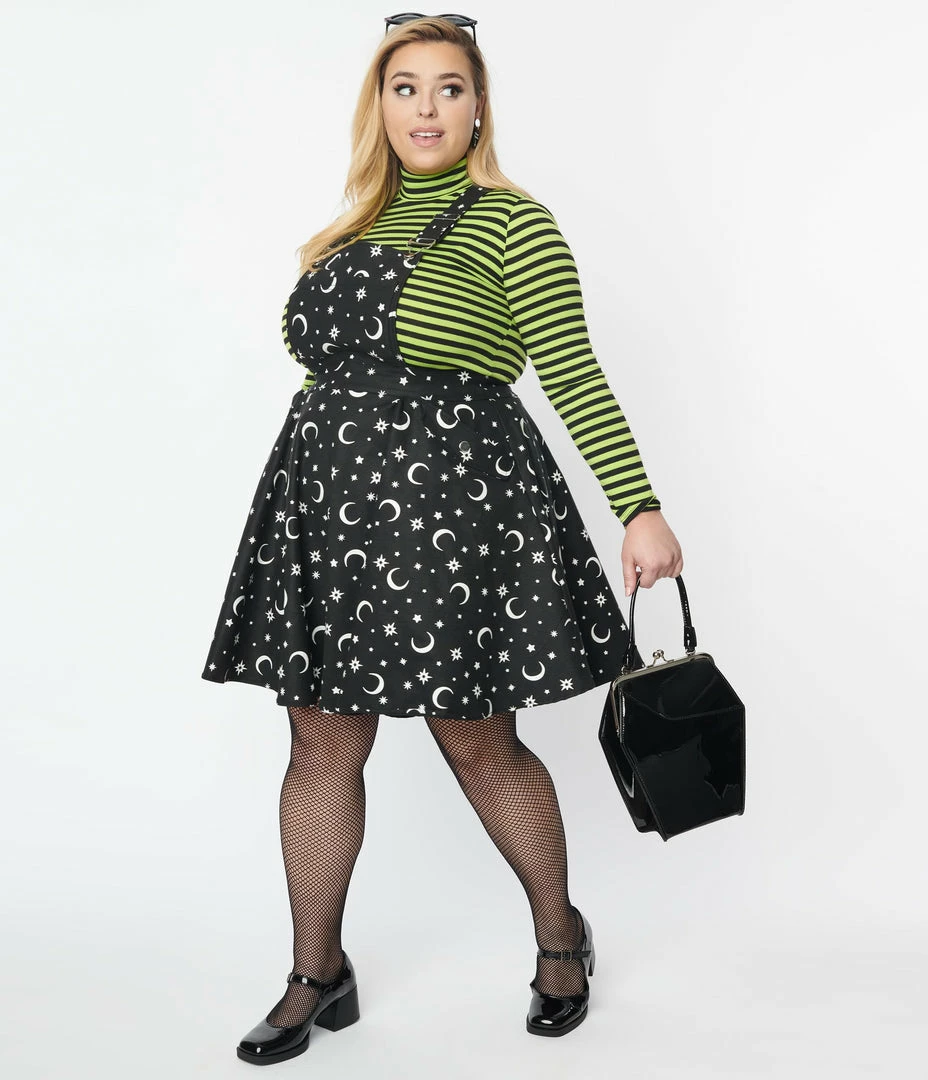 Unique Vintage Plus Size Black Glow In The Dark Moon Print Brionne Pinafore Skirt