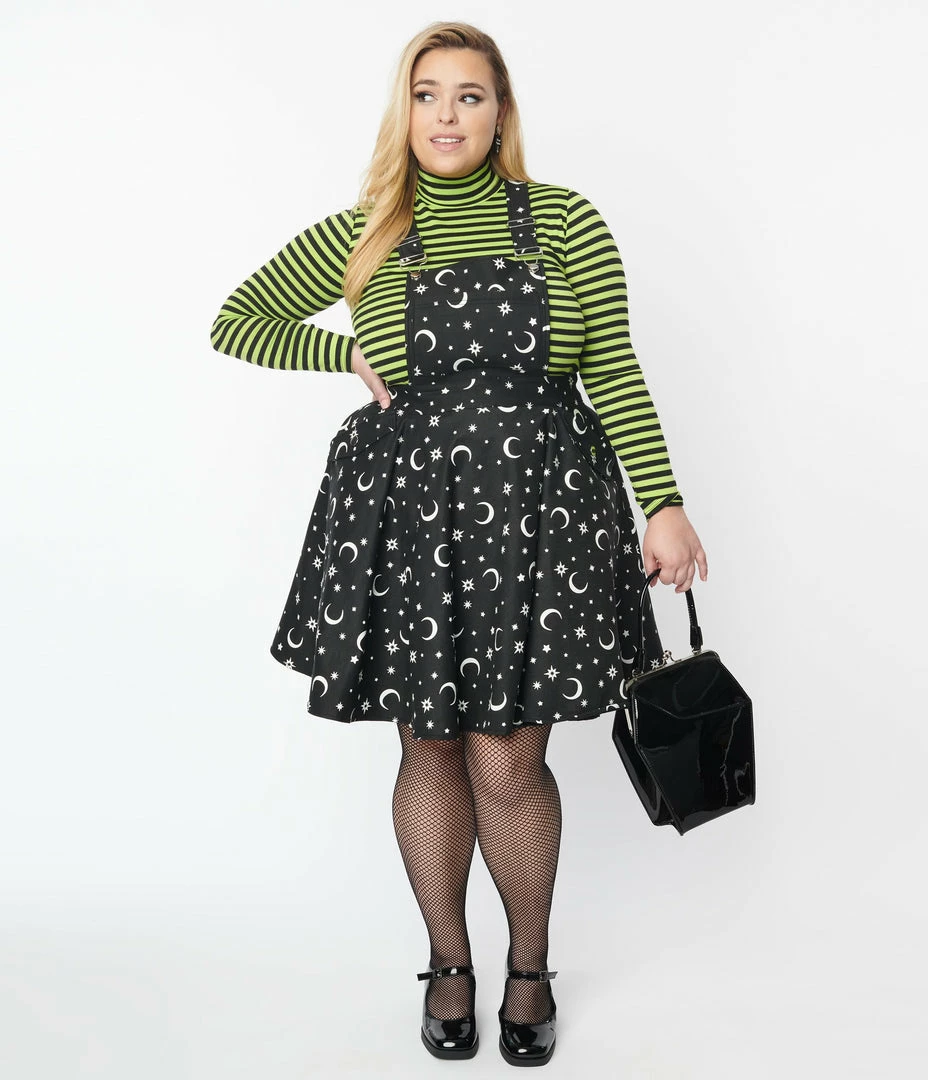 Unique Vintage Plus Size Black Glow In The Dark Moon Print Brionne Pinafore Skirt