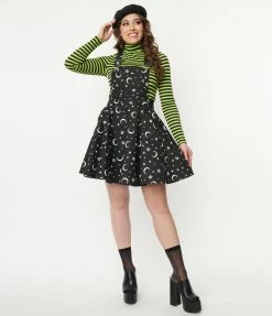 Unique Vintage Black Glow In The Dark Moon Print Brionne Pinafore Skirt Sale