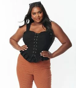 Unique Vintage Plus Size Black Lace Up Peplum Corset Top Trending