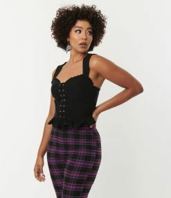 Trending Unique Vintage Black Lace Up Peplum Corset Top