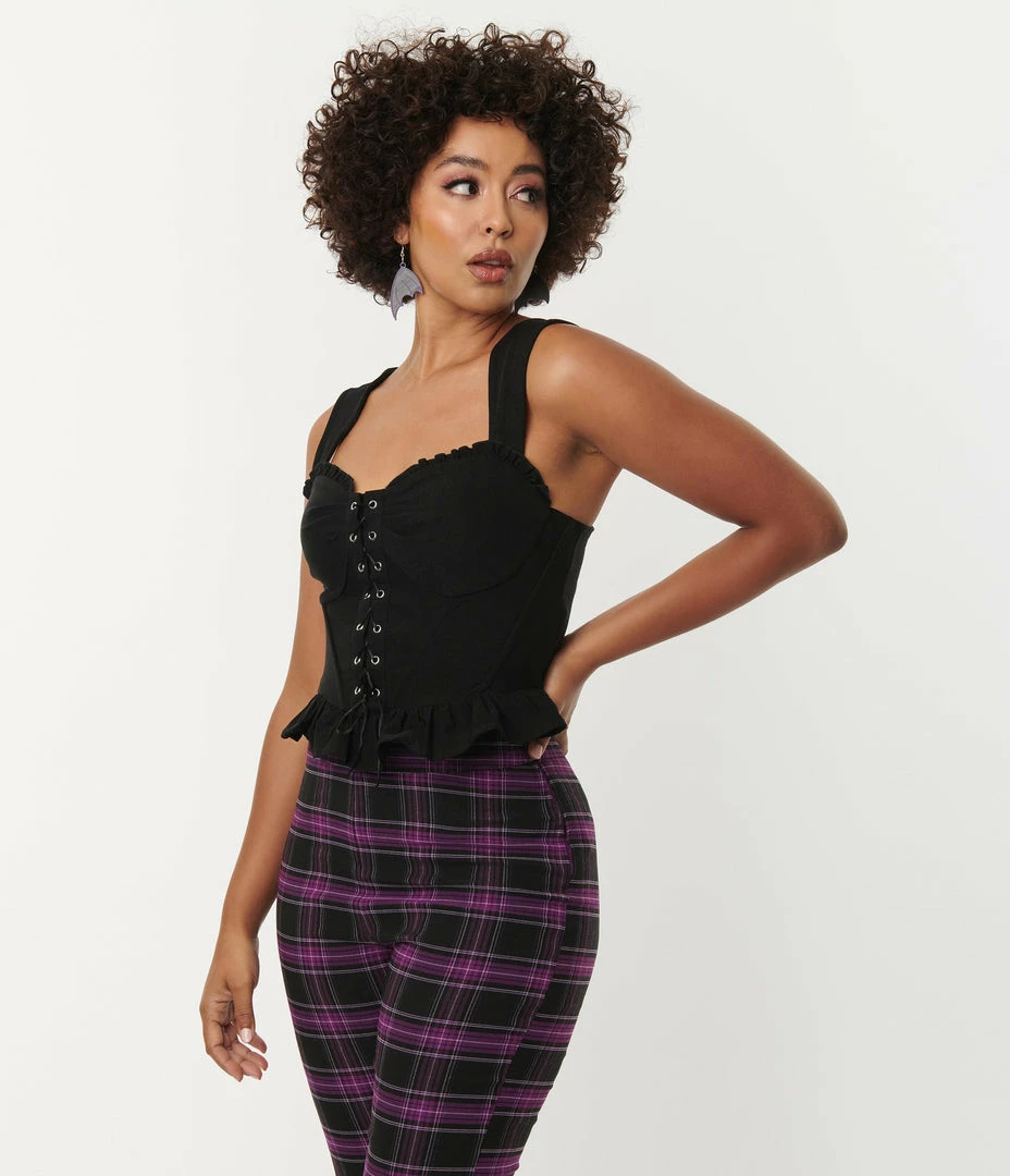Trending Unique Vintage Black Lace Up Peplum Corset Top